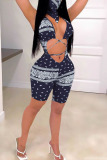 Blue Sexy Print Hollowed Out Patchwork V Neck Regular Jumpsuits