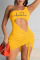 Yellow Sexy Print Hollowed Out Draw String Frenulum Backless One Shoulder Sleeveless Dress