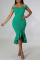 Green Celebrities Solid Split Joint Flounce Asymmetrical Off the Shoulder One Step Skirt Dresses