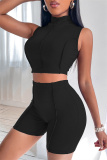 Black Fashion Casual Sportswear Solid Patchwork Turtleneck Sleeveless Two Pieces