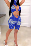 Blue Sexy Print Hollowed Out Patchwork V Neck Regular Jumpsuits