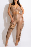 Brown Fashion Sexy Solid Tassel Patchwork Backless Spaghetti Strap Sleeveless Two Pieces