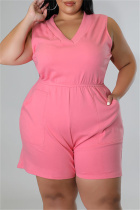 Pink Fashion Casual Solid Split Joint V Neck Plus Size Romper