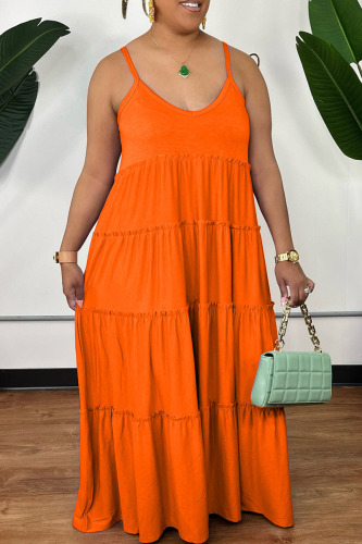 Tangerine Red Casual Solid Patchwork Fold Spaghetti Strap Sling Dress Dresses