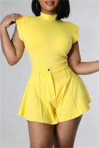 Yellow Fashion Casual Solid Split Joint Half A Turtleneck Sleeveless Two Pieces