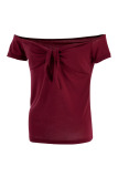 Burgundy Fashion Casual Solid Backless Off the Shoulder T-Shirts