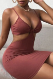 Pink Brown Sexy Casual Solid Hollowed Out Backless Spaghetti Strap One Step Skirt Dresses