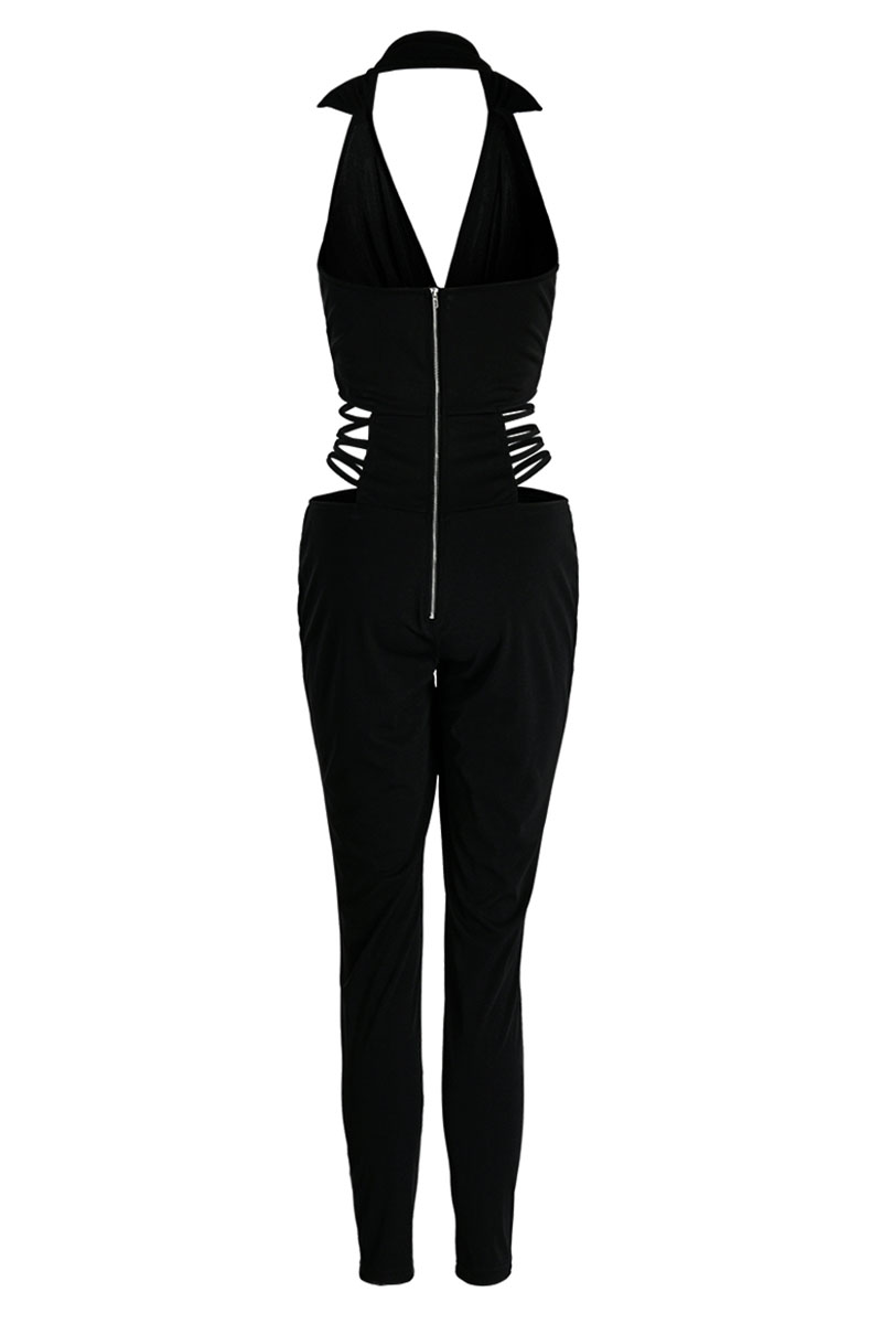 Black Sexy Solid Hollowed Out Split Joint V Neck Regular Jumpsuitsjumpsuitsknowfashionstyle 