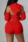 Red Fashion Casual Letter Solid Patchwork Backless Hooded Collar Three Quarter Two Pieces