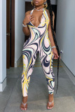 Sky Blue Sexy Print Patchwork Backless Halter Skinny Jumpsuits