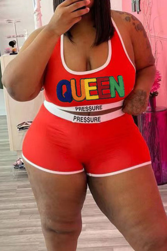 Red Casual Sportswear Solid Embroidered Patchwork U Neck Plus Size Two Pieces