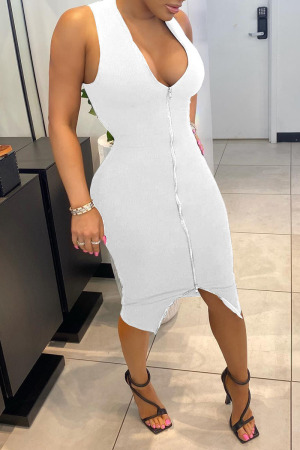 White Sexy Solid Split Joint Asymmetrical Zipper V Neck Vest Dress Dresses