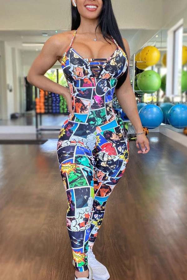 Colour Sexy Street Print Patchwork Backless Spaghetti Strap Regular Jumpsuits