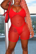 Red Sexy Solid Mesh Halter Sleeveless Two Pieces