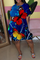 Blue Fashion Casual Butterfly Print Basic O Neck Short Sleeve Dress