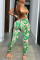 Green Sexy Print Patchwork Backless Halter Skinny Jumpsuits