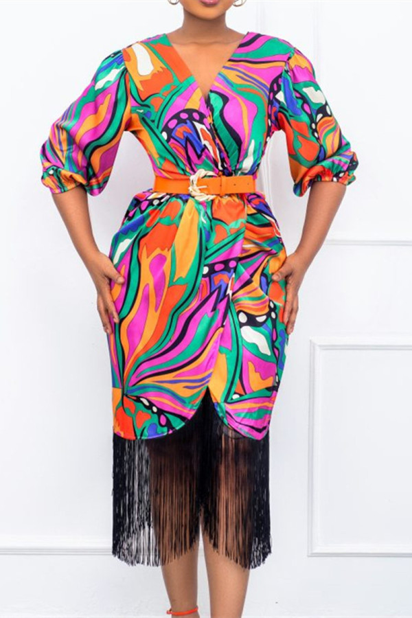 Multicolor Fashion Casual Print Tassel Patchwork V Neck Pencil Skirt Dresses
