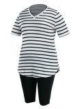 White Casual Striped Print Patchwork V Neck Plus Size Two Pieces