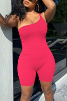 Rose Red Sexy Solid Split Joint Oblique Collar Skinny Jumpsuits