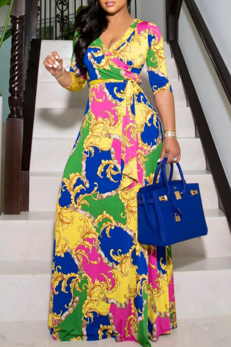 Multi-color Fashion Casual Print Bandage V Neck Long Dress