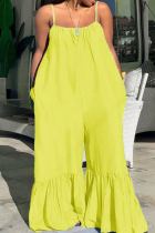 Yellow Fashion Casual Solid Split Joint Backless Spaghetti Strap Plus Size Jumpsuits