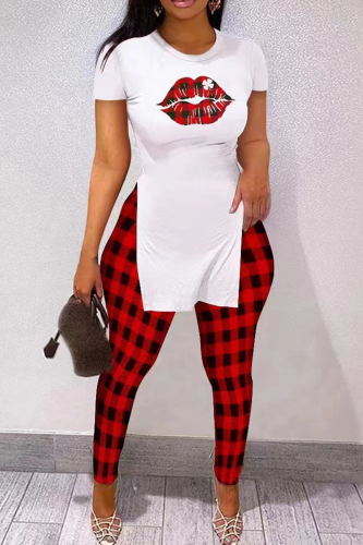 Red Black Casual Print Slit Letter O Neck Long Sleeve Two Pieces