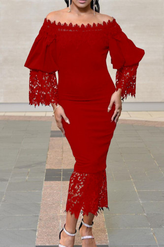 Red Fashion Sexy Solid Patchwork Off the Shoulder Pencil Skirt Dresses