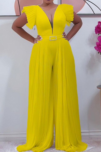 Yellow Fashion Casual Solid Patchwork O Neck Regular Jumpsuits (Without Belt)