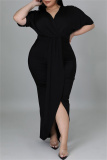 Black Fashion Casual Solid Patchwork V Neck Short Sleeve Dress Plus Size Dresses