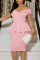 Pink Casual Solid Patchwork Flounce V Neck Dresses