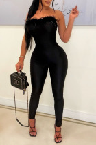 Black Sexy Solid Split Joint Feathers Strapless Skinny Jumpsuits