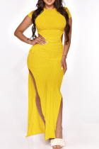 Yellow Fashion Casual Solid Bandage Hollowed Out Slit O Neck Short Sleeve Dress Dresses