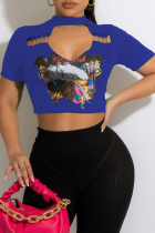Blue Sexy Print Hollowed Out O Neck T-Shirts