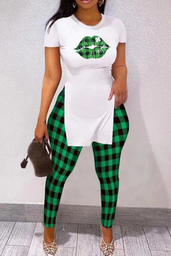 Green Casual Print Slit Letter O Neck Long Sleeve Two Pieces