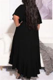 Black Fashion Casual Solid Bandage Flounce V Neck Irregular Dress Plus Size Dresses