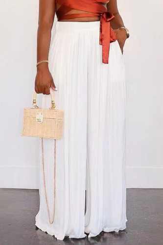 White Fashion Solid Patchwork Loose High Waist Wide Leg Solid Color Bottoms