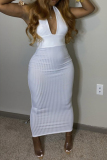 White Sexy Casual Plus Size Solid Backless Halter Long Dress
