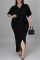 Black Fashion Casual Solid Split Joint V Neck Short Sleeve Dress Plus Size Dresses