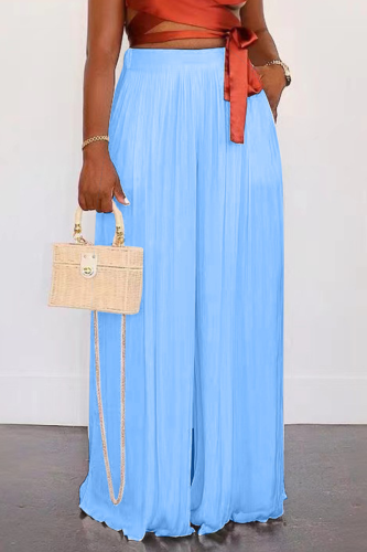 Sky Blue Fashion Solid Patchwork Loose High Waist Wide Leg Solid Color Bottoms