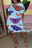 Blue Fashion Casual Butterfly Print Basic O Neck Short Sleeve Dress