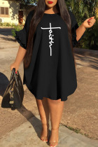 Black Casual Print Split Joint Flounce O Neck Straight Plus Size Dresses