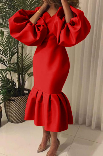 Red Formal V Neck Long Puff Sleeves Slim Fit Mermaid Hem Evening Party Midi Wedding Guest Dress