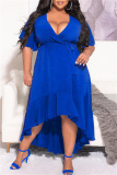 Blue Fashion Casual Solid Bandage Flounce V Neck Irregular Dress Plus Size Dresses
