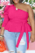 Rose Red Fashion Casual Solid Backless Oblique Collar Plus Size Tops