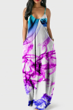 White Purple Fashion Sexy Print Backless Spaghetti Strap Long Dress