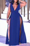 Blue Fashion Sexy Solid Leopard Slit V Neck Vest Dress
