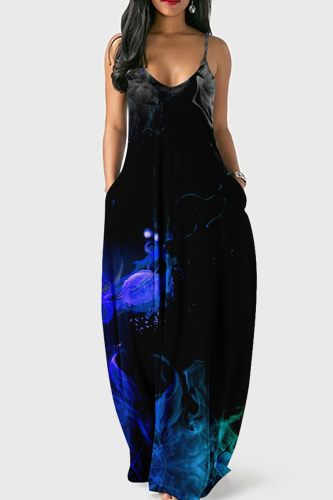 Black Fashion Sexy Print Backless Spaghetti Strap Long Dress