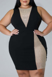 Black Fashion Sexy Plus Size Patchwork Hot Drill O Neck Sleeveless Dress