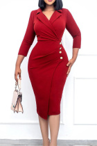 Red Fashion Casual Solid Split Joint Turndown Collar Pencil Skirt Dresses