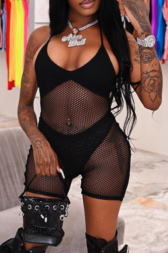 Black Sexy Solid Mesh Halter Sleeveless Two Pieces